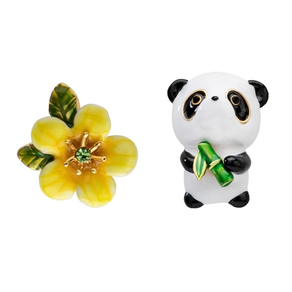 Juicy Grape Panda and Flower Asymmetrical Earrings - Picture 2 of 3